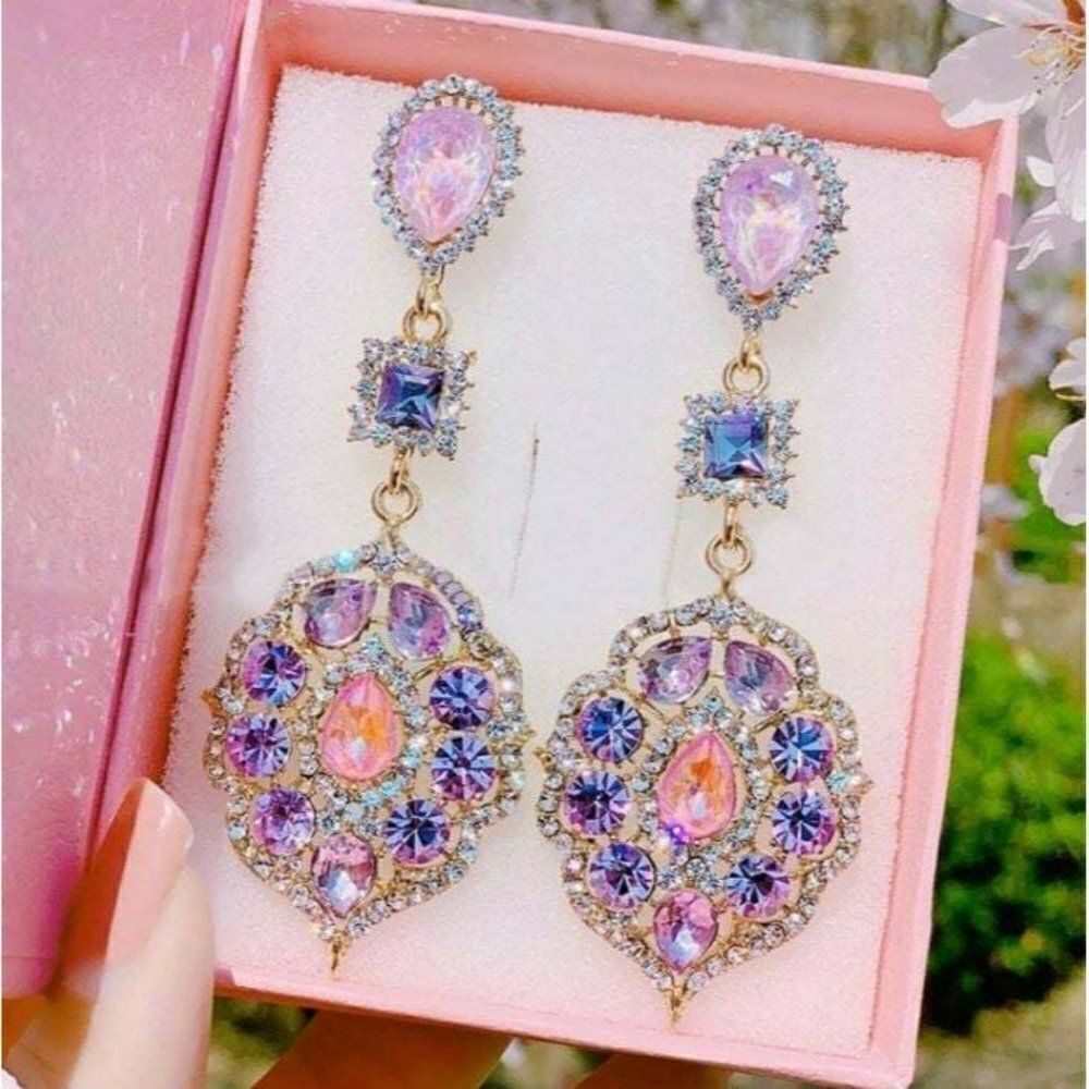 Enchanted Vintage Boho Elegant Waterdrop Crystal Oval Flower Dangle Pink Earring - Picture 2 of 4